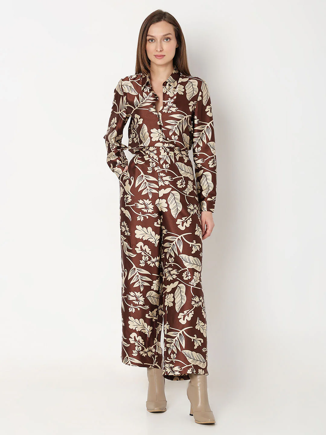 Brown Printed Satin Co-Ord Set Pants - Image 5
