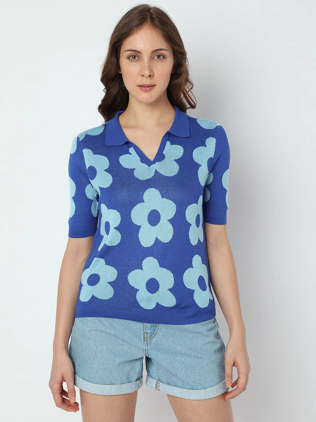 Blue Floral Knit Polo T-Shirt - Image 2