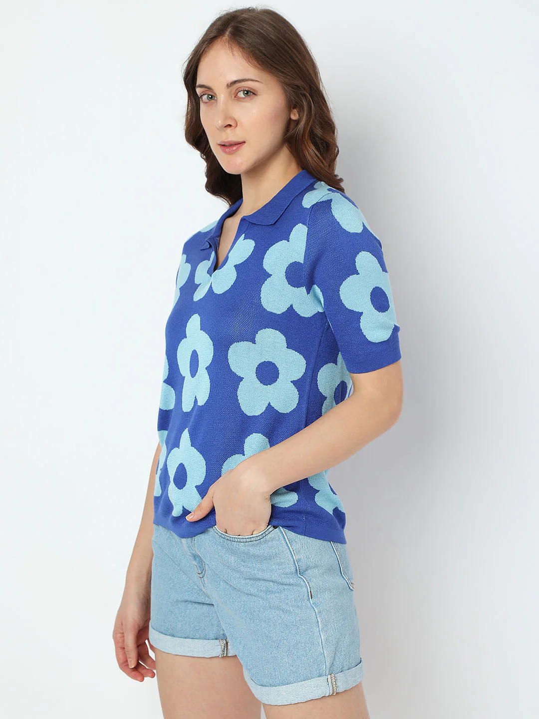 Blue Floral Knit Polo T-Shirt - Image 3