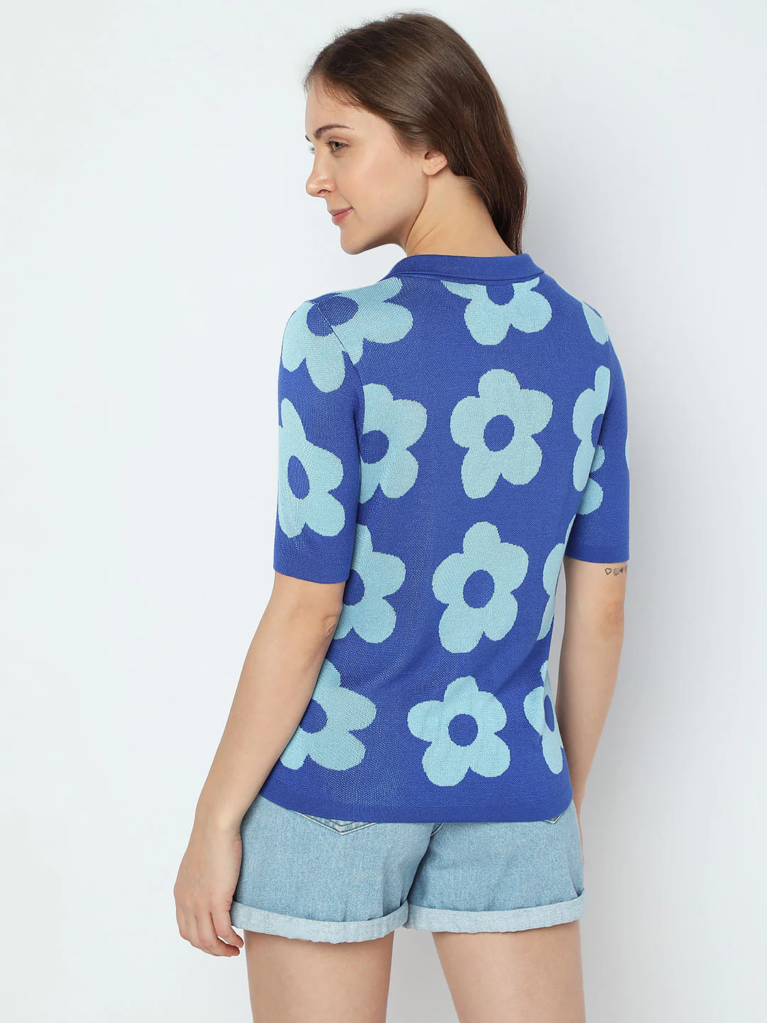 Blue Floral Knit Polo T-Shirt - Image 4