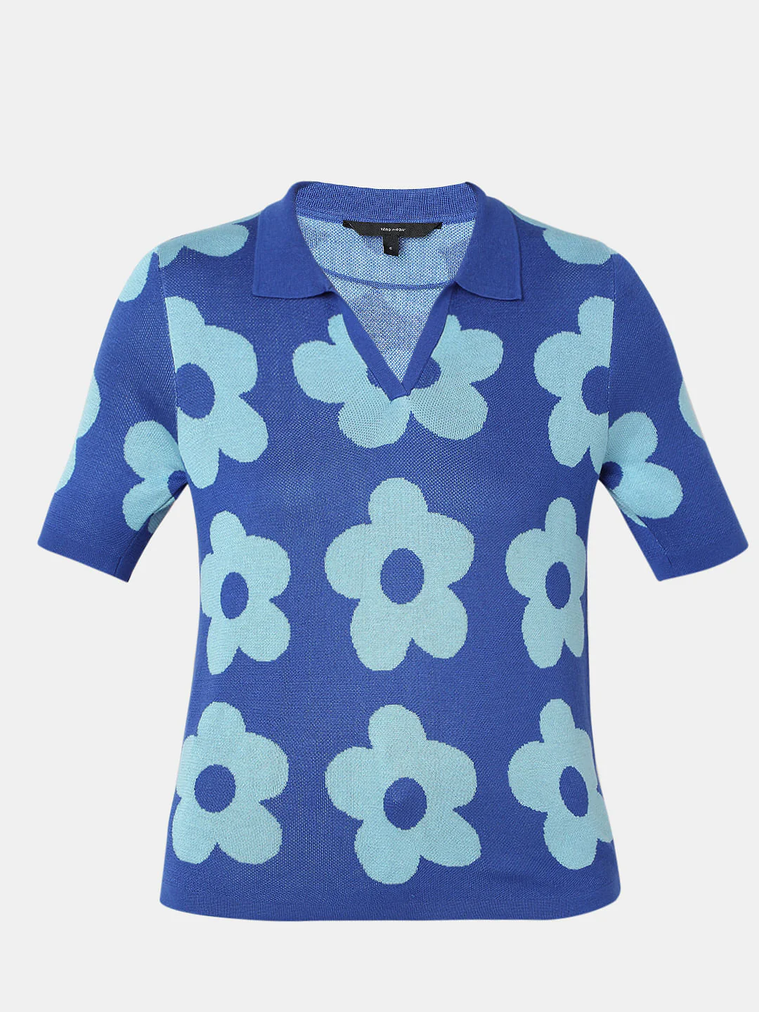 Blue Floral Knit Polo T-Shirt - Image 7