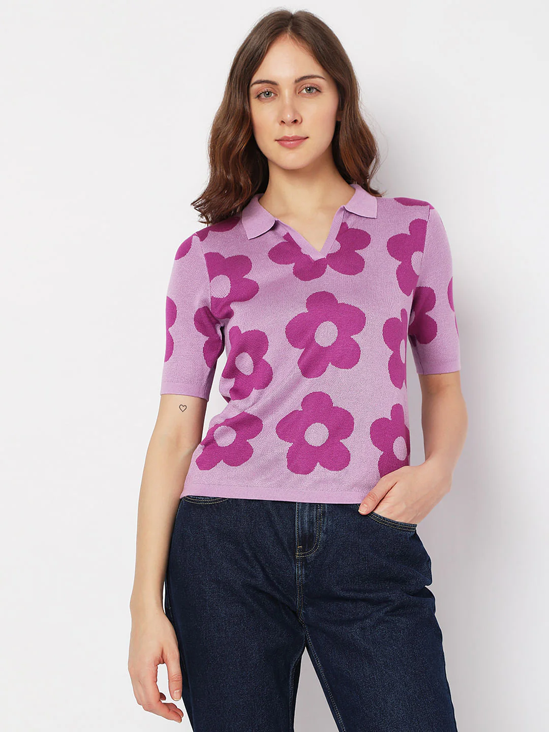 Purple Floral Knit Polo T-Shirt - Image 2
