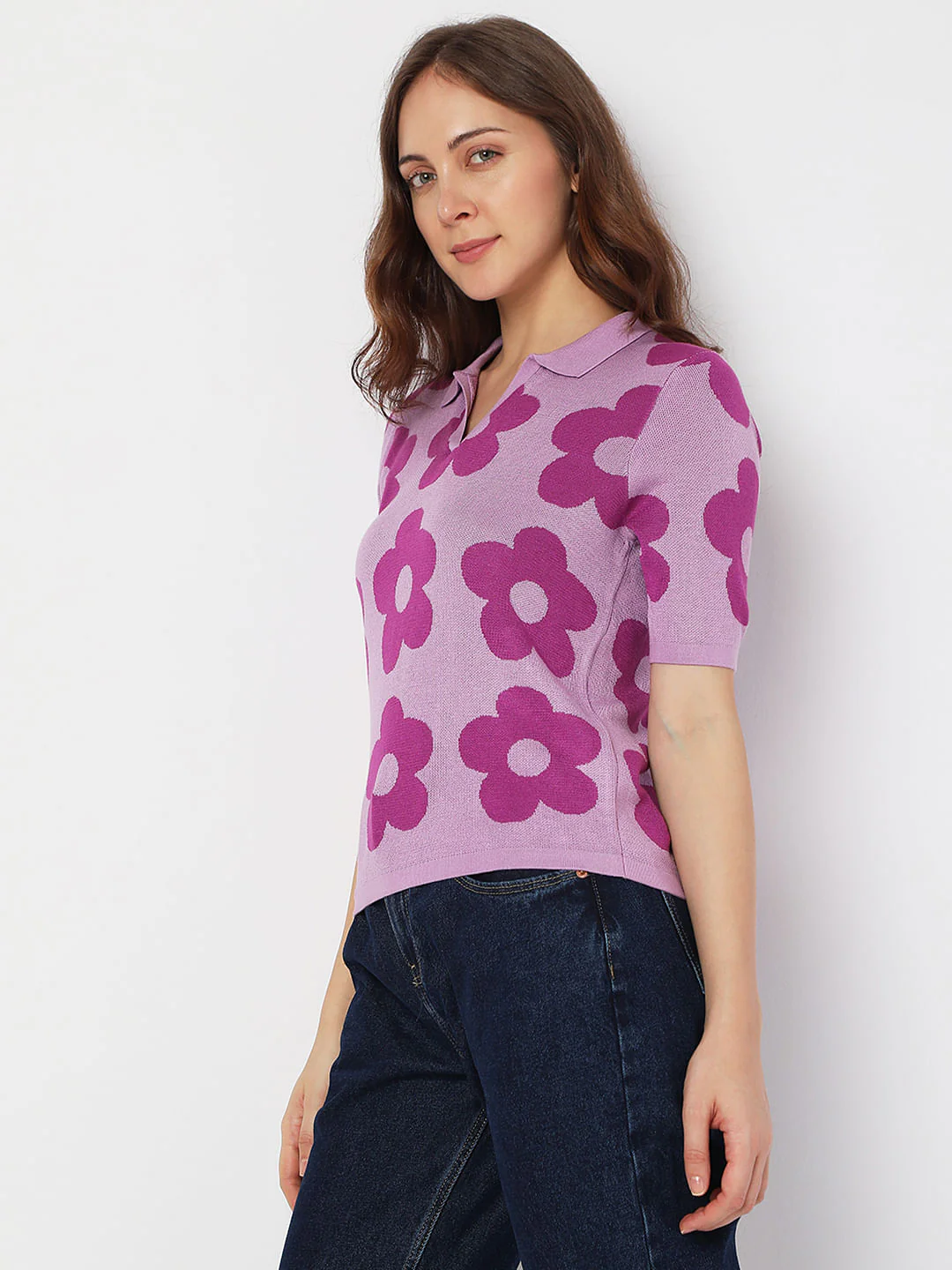 Purple Floral Knit Polo T-Shirt - Image 3