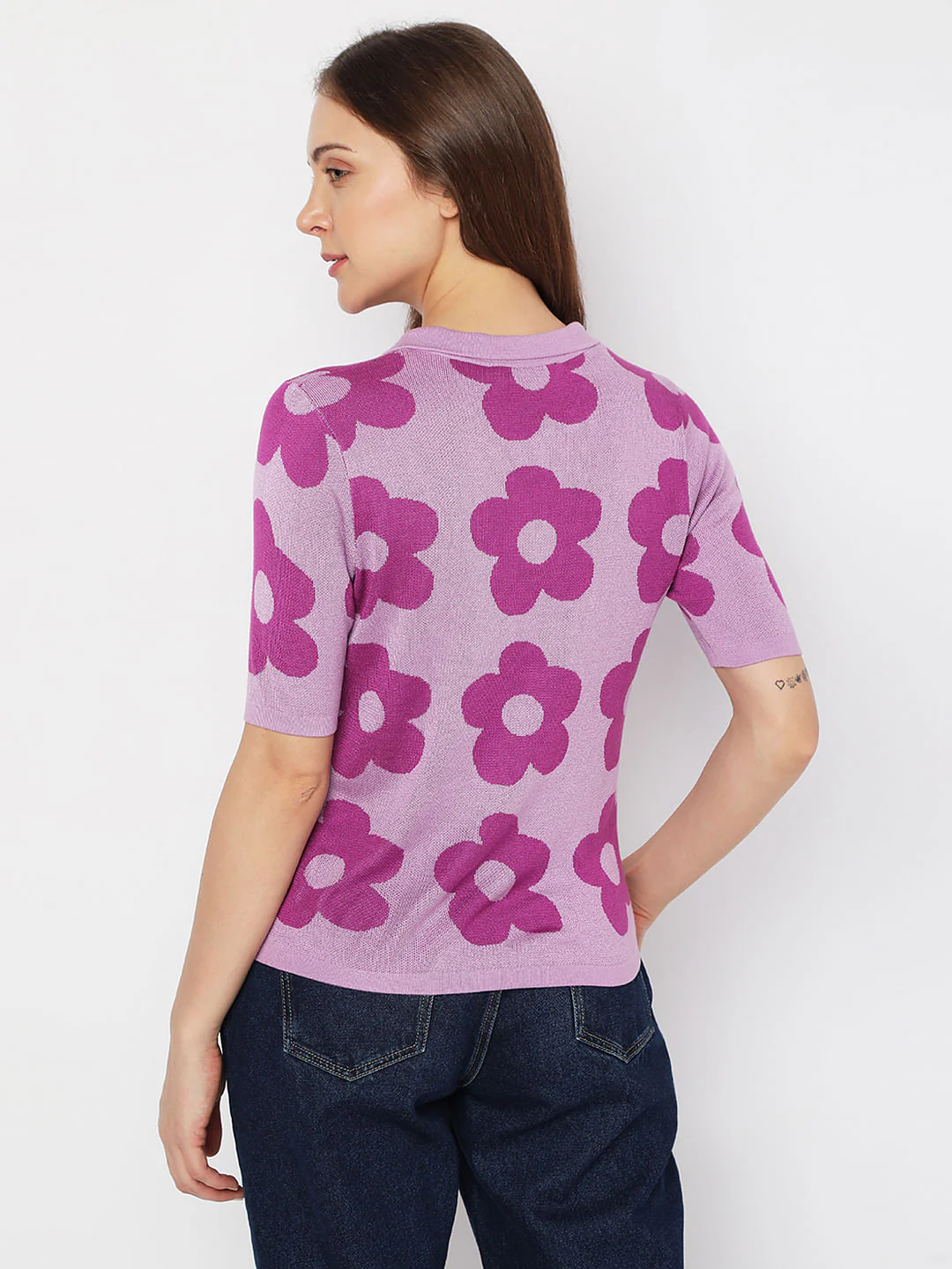Purple Floral Knit Polo T-Shirt - Image 4