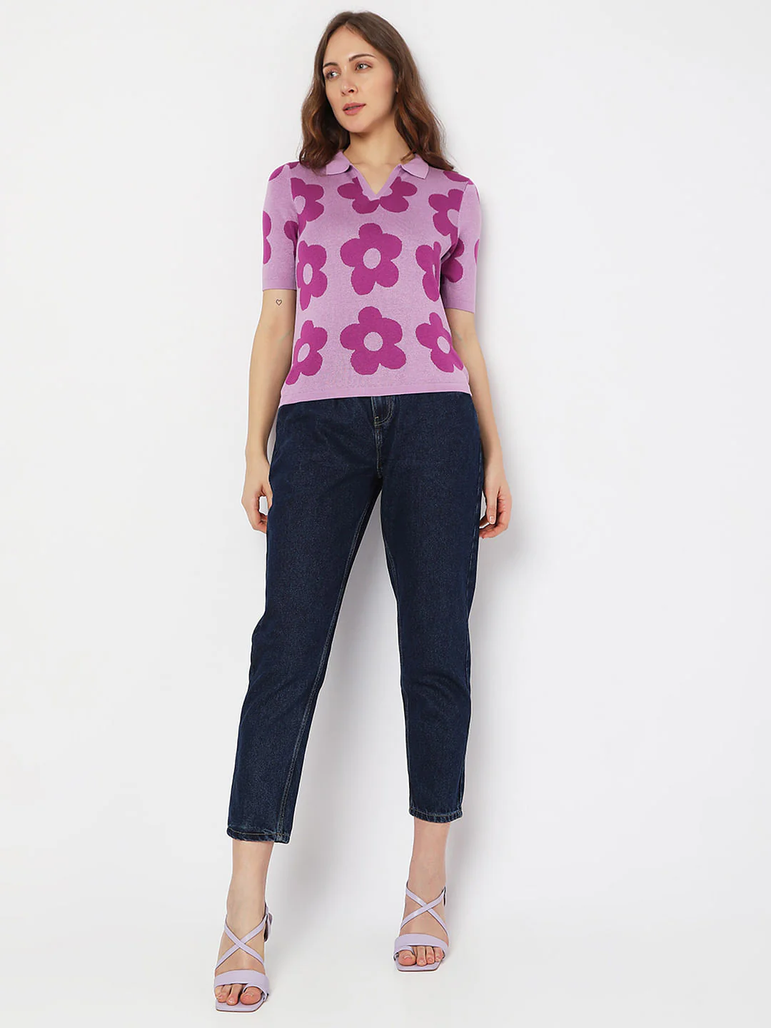 Purple Floral Knit Polo T-Shirt - Image 5