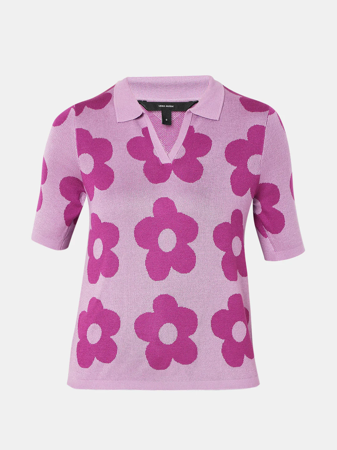 Purple Floral Knit Polo T-Shirt - Image 7