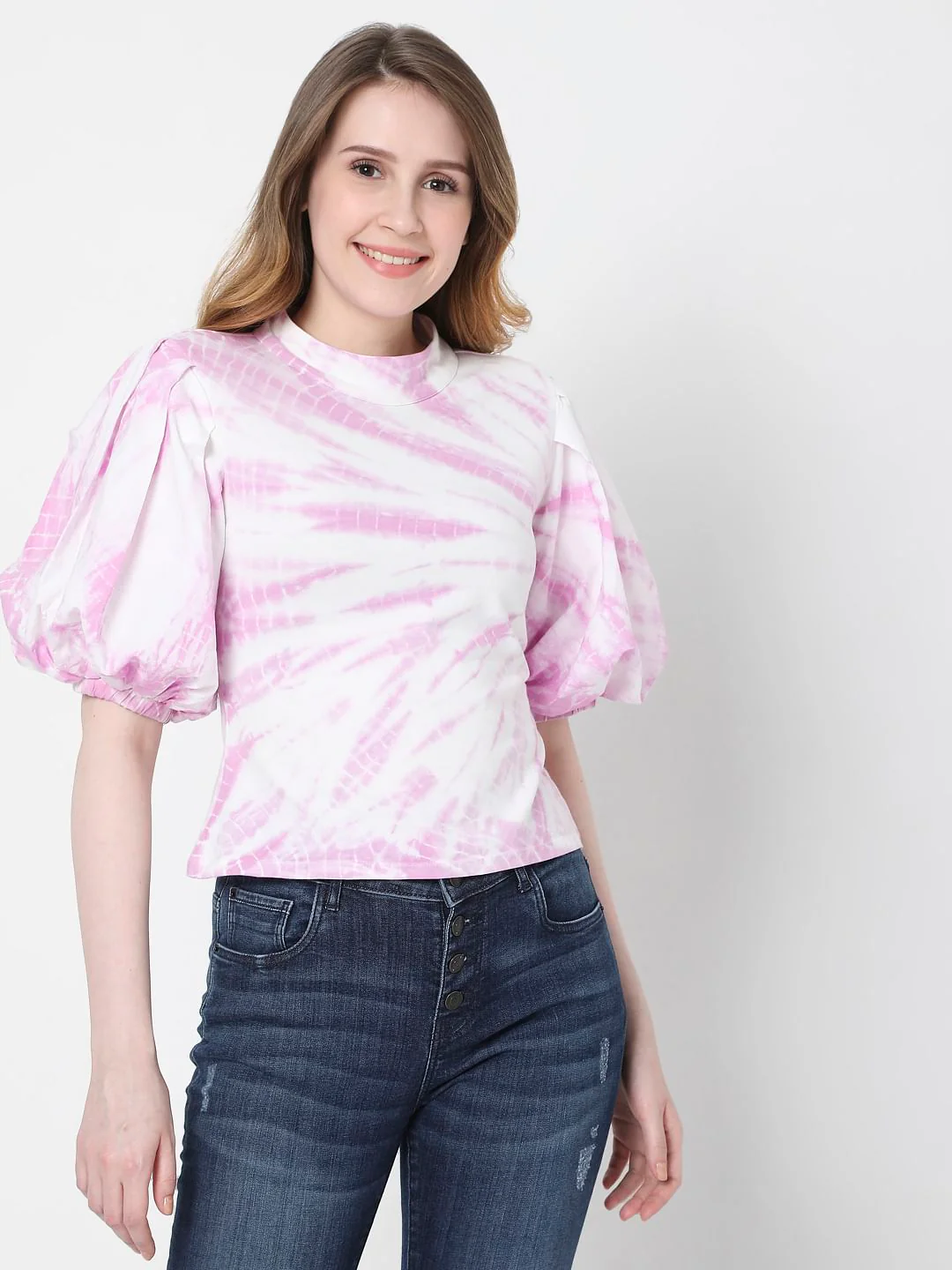 Pink Tie Dye Puff Sleeves Top - Image 2