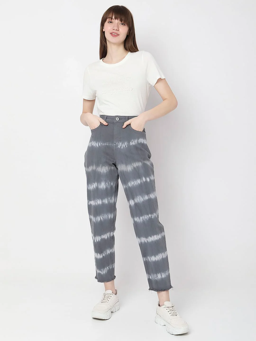 Grey High Rise Abstract Print Jeans - Image 5