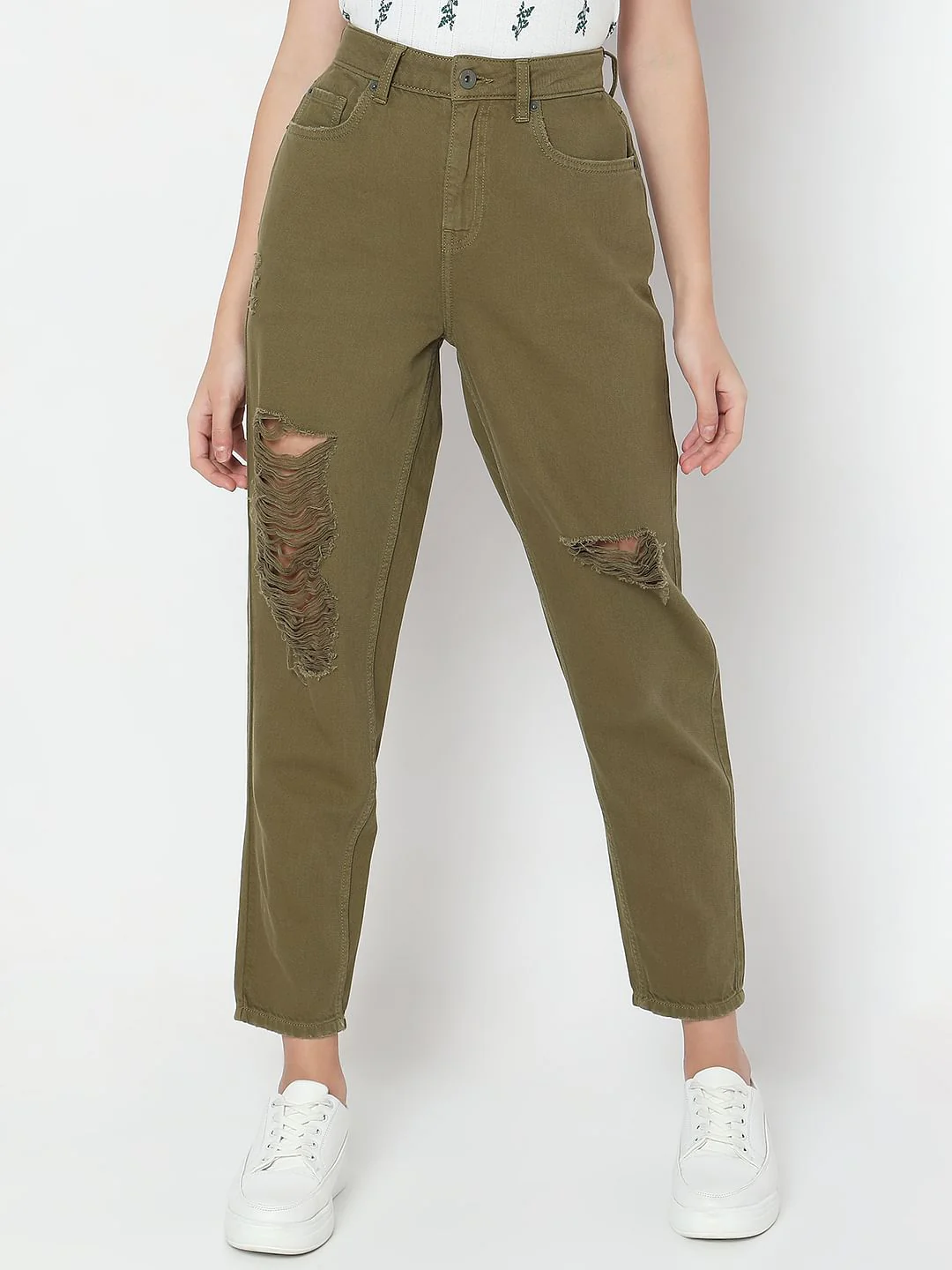 Green High Rise Distressed Straight Fit Jeans - Image 2