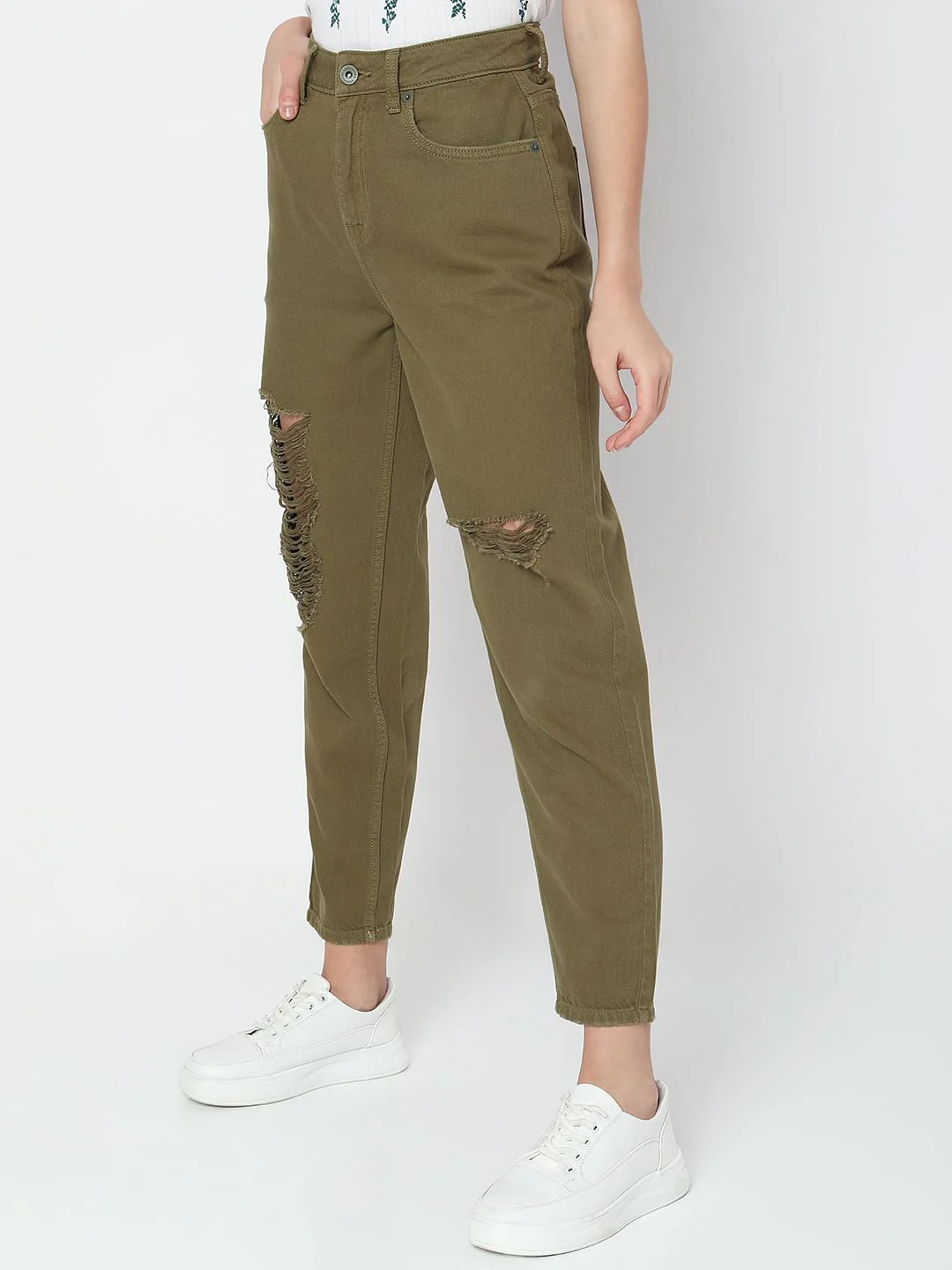 Green High Rise Distressed Straight Fit Jeans - Image 3