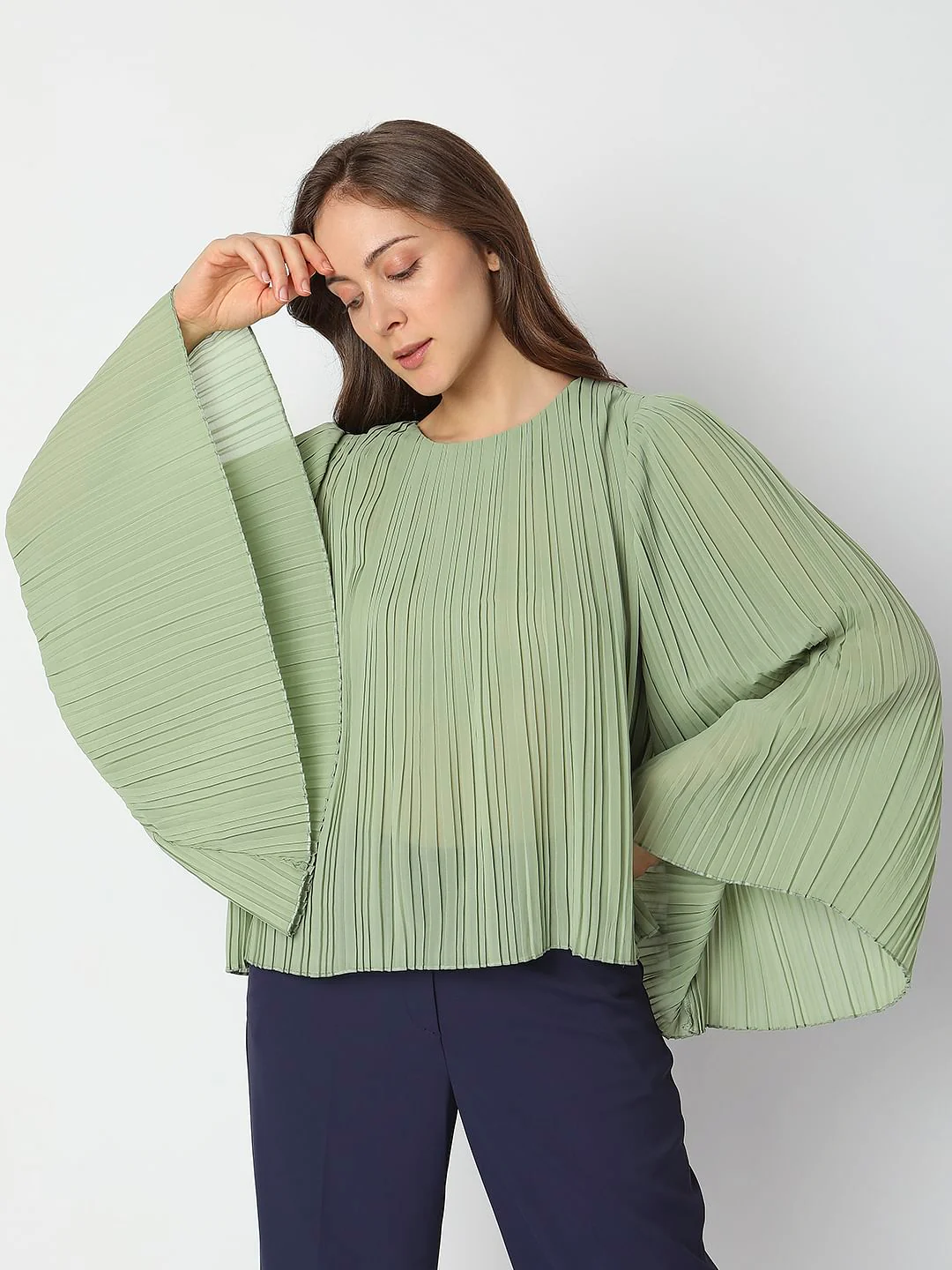 Green Pleated Flared Sleeves Top - Image 2
