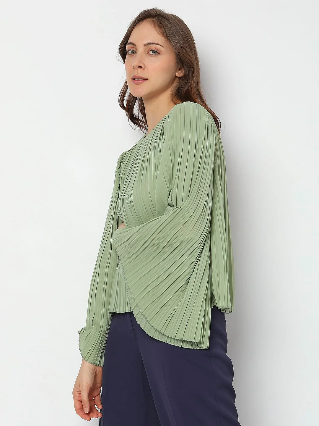 Green Pleated Flared Sleeves Top - Image 3