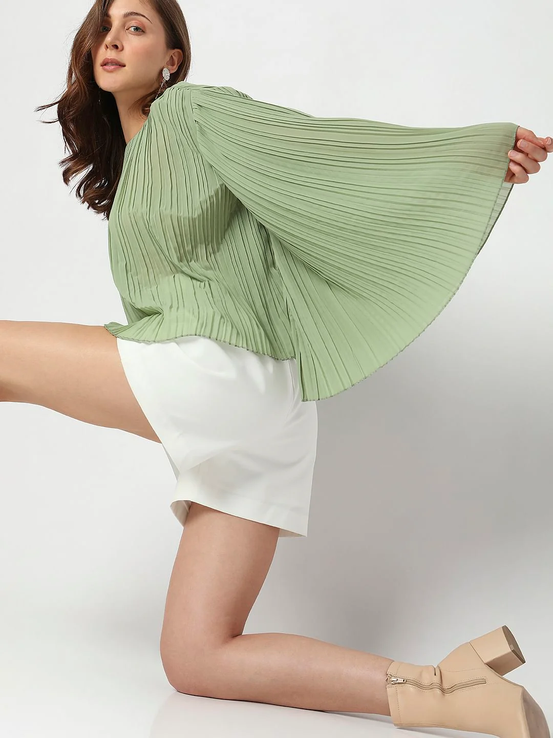 Green Pleated Flared Sleeves Top - Image 9