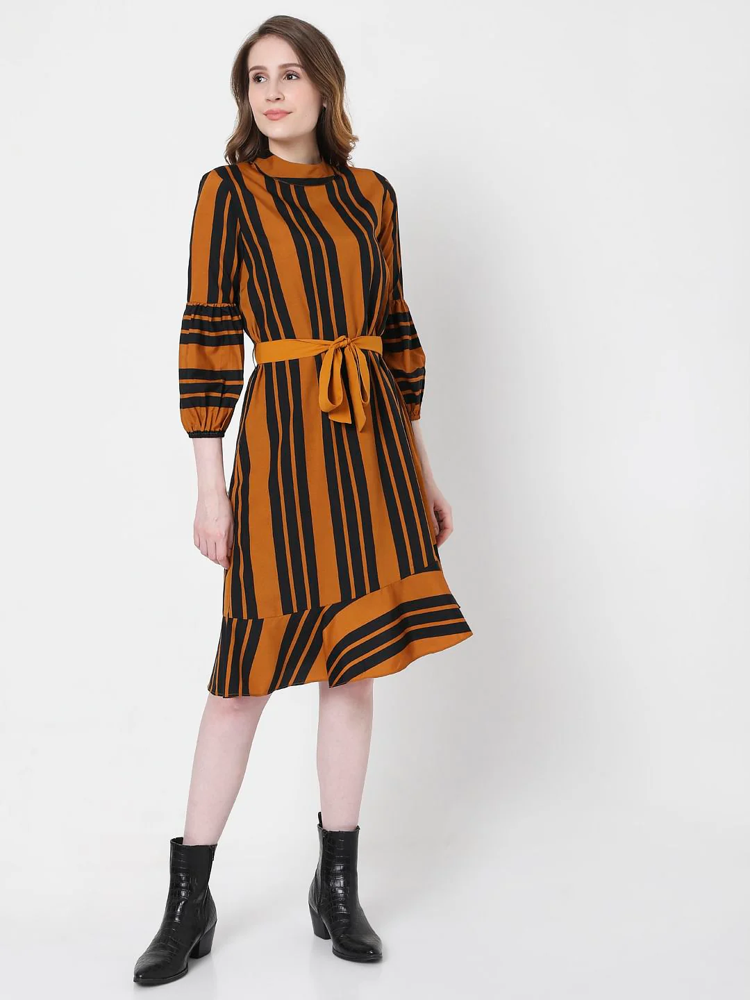 Mustard Striped Fit & Flare Dress