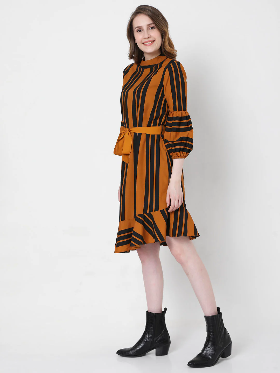 Mustard Striped Fit & Flare Dress - Image 2