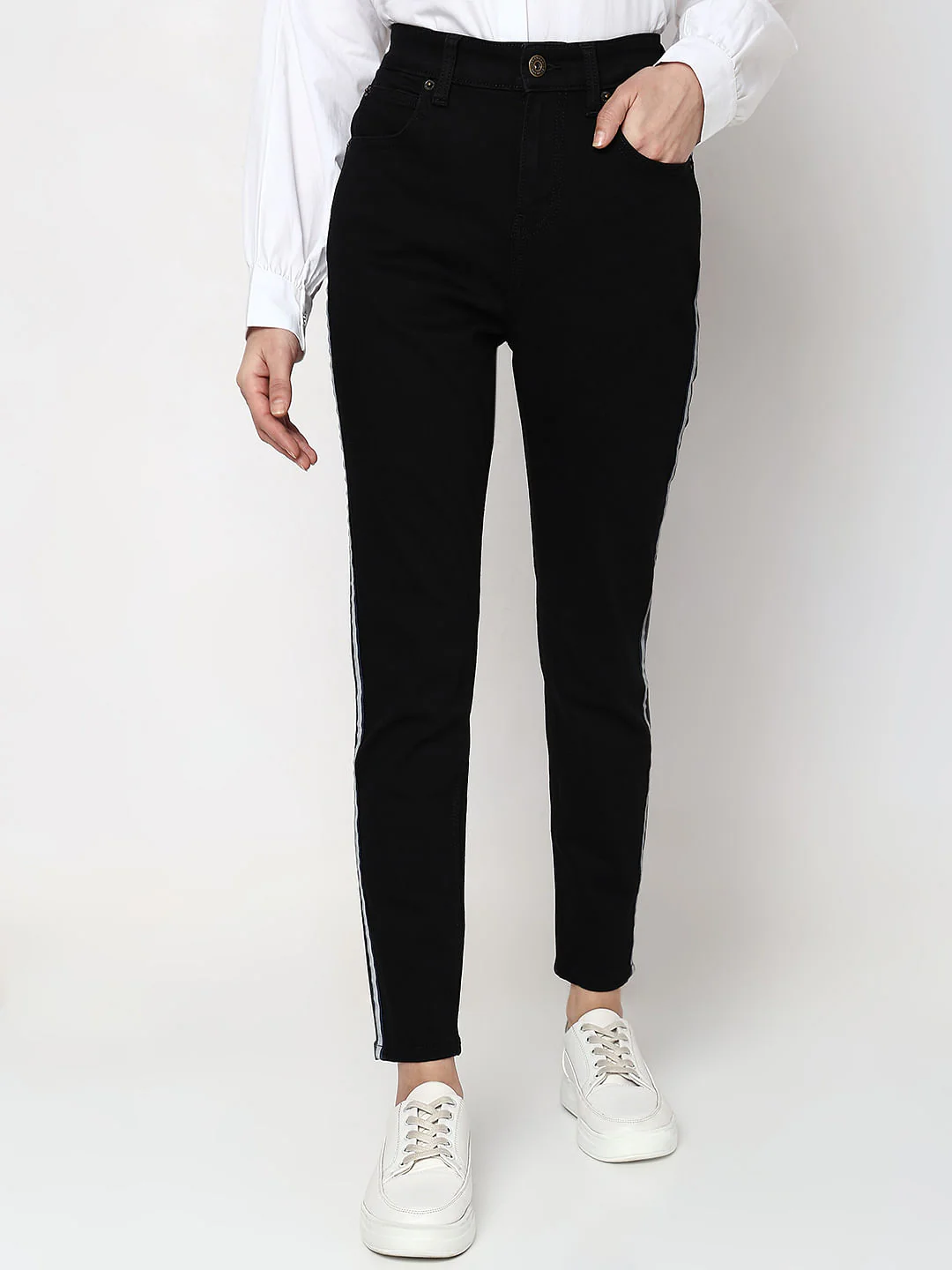 Black High Rise Tape Detail Wendy Skinny Fit Jeans - Image 2