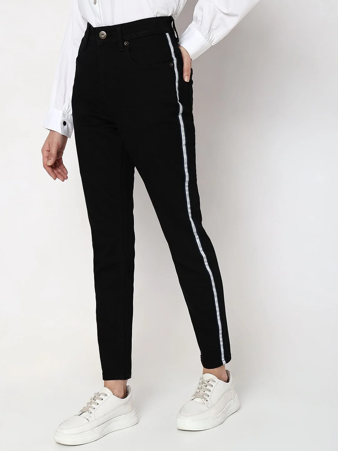 Black High Rise Tape Detail Wendy Skinny Fit Jeans - Image 3