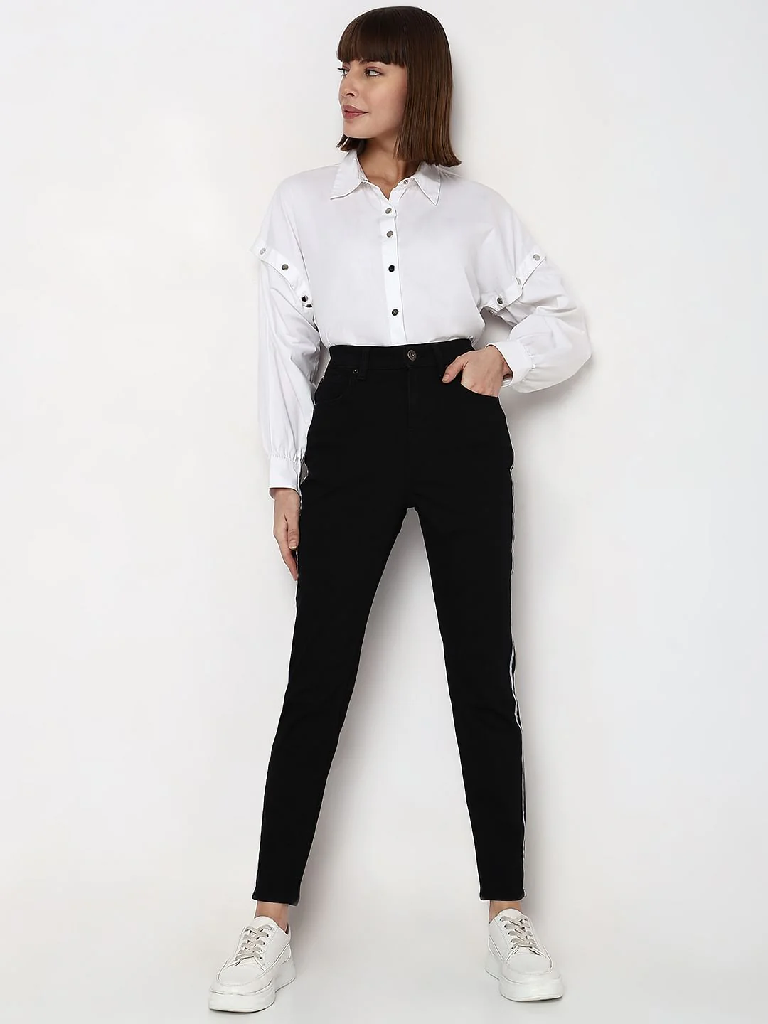 Black High Rise Tape Detail Wendy Skinny Fit Jeans - Image 5
