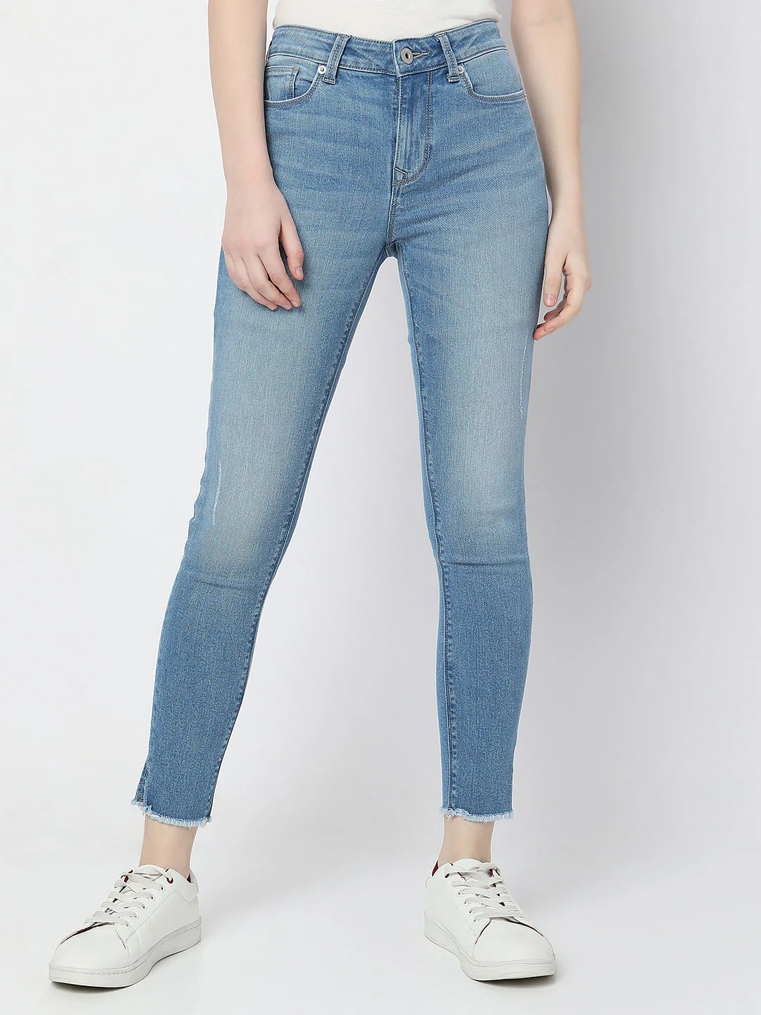 Light Blue Mid Rise Frayed Hem Wendy Skinny Jeans - Image 2