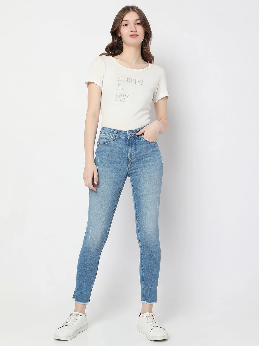 Light Blue Mid Rise Frayed Hem Wendy Skinny Jeans - Image 6