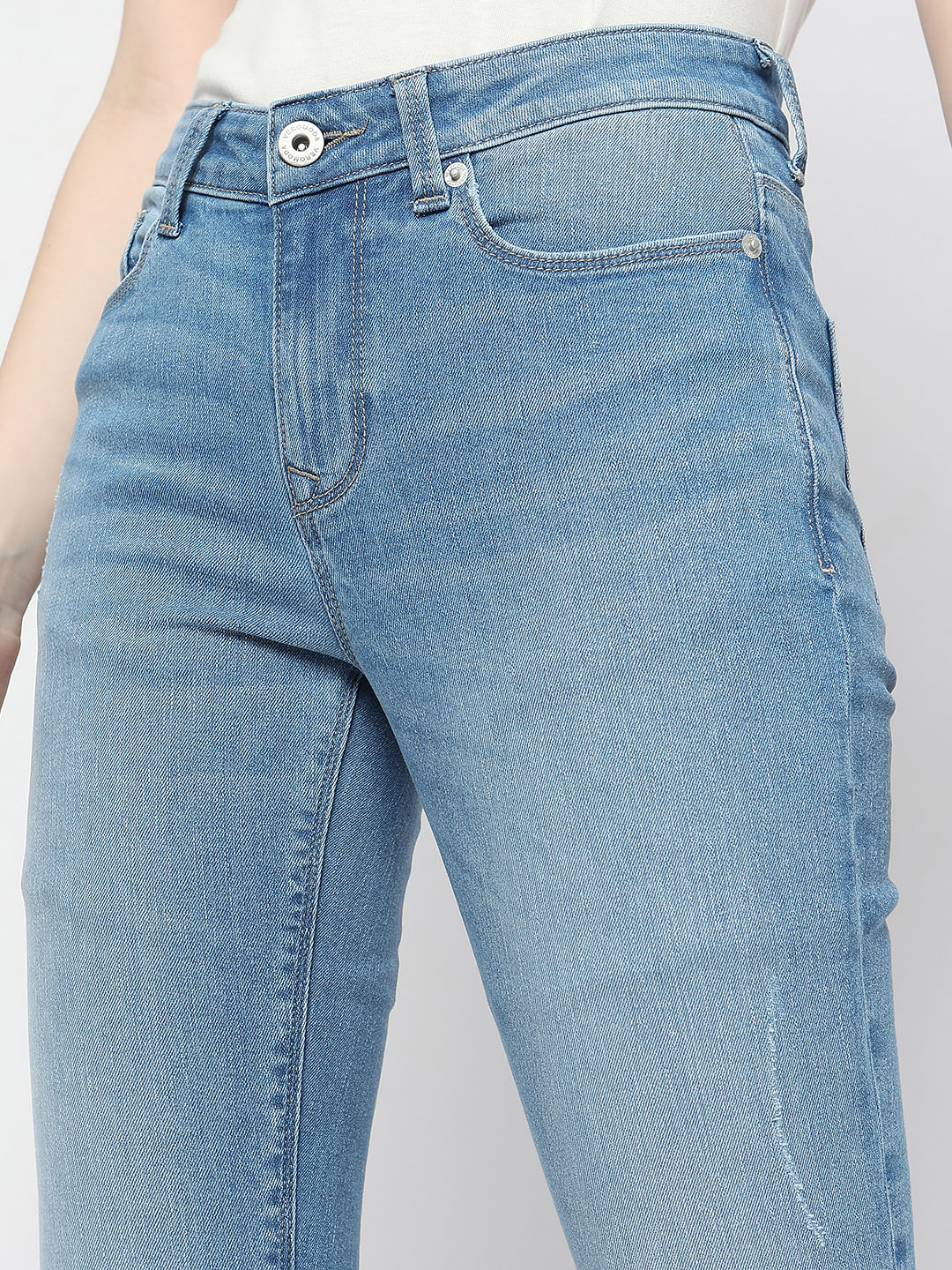Light Blue Mid Rise Frayed Hem Wendy Skinny Jeans - Image 8