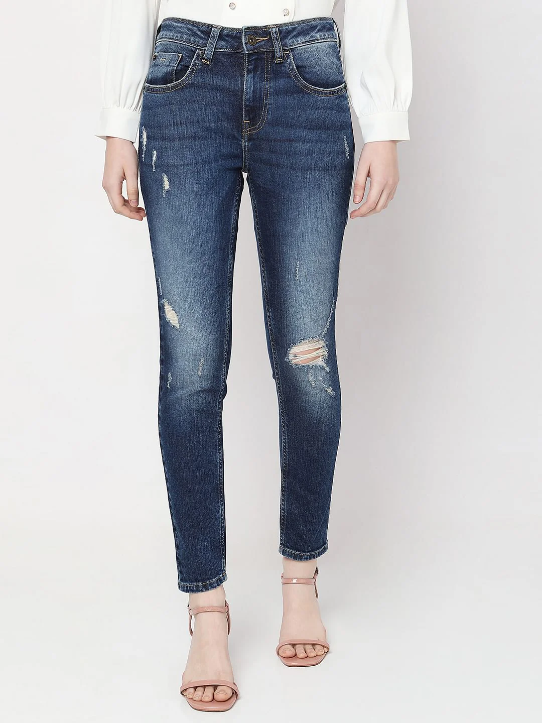 Blue Mid Rise Distressed Push-Up Wendy Skinny Jeans - Image 2