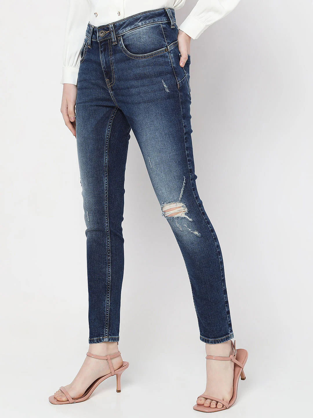Blue Mid Rise Distressed Push-Up Wendy Skinny Jeans - Image 3