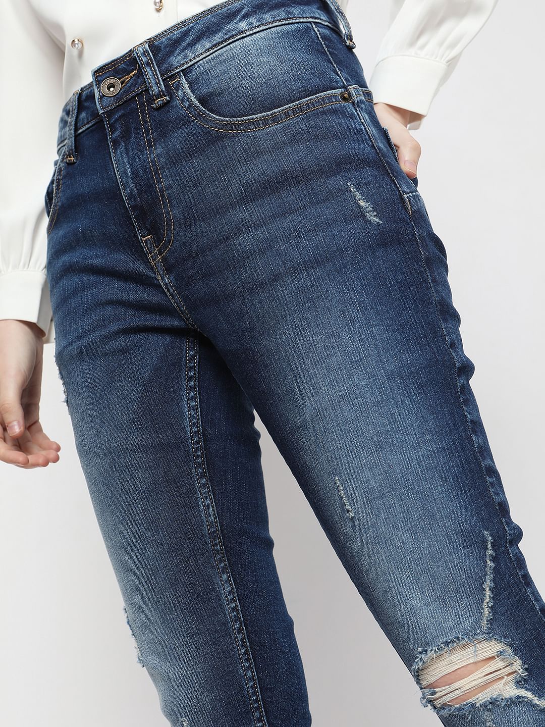 Blue Mid Rise Distressed Push-Up Wendy Skinny Jeans - Image 5