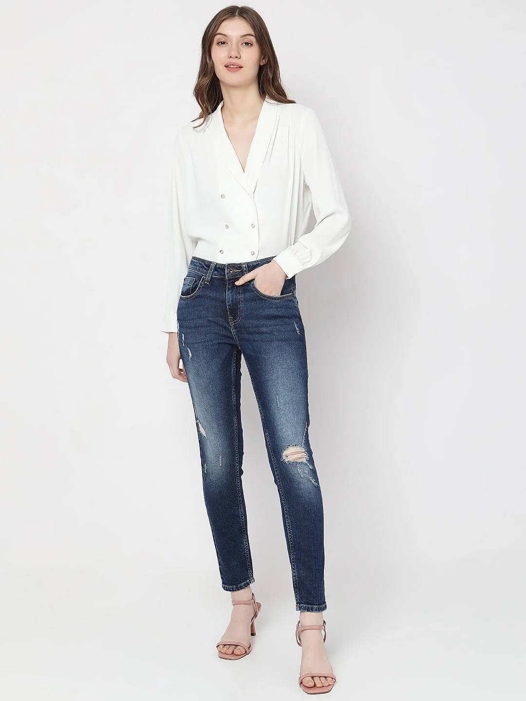 Blue Mid Rise Distressed Push-Up Wendy Skinny Jeans - Image 6