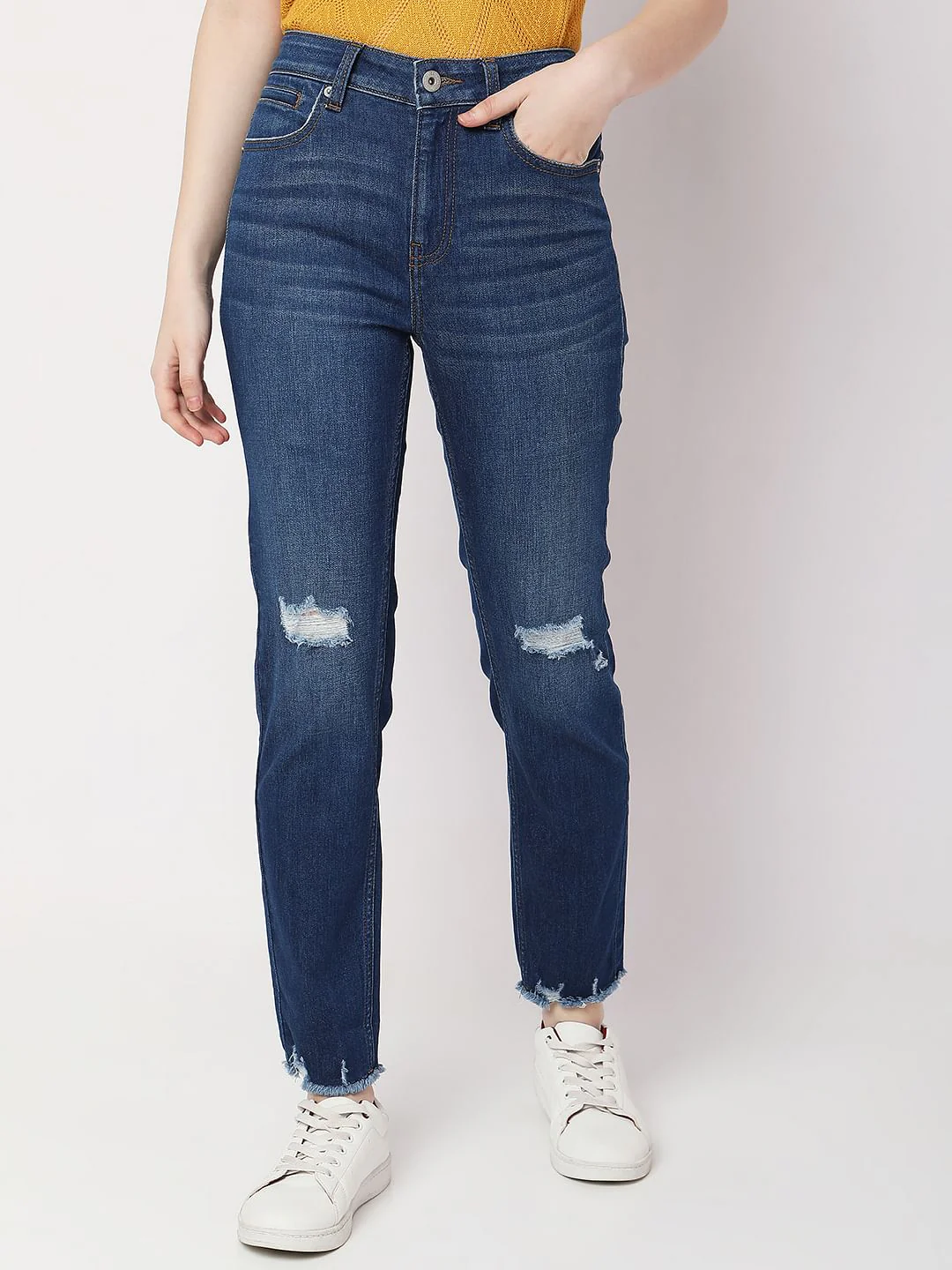 Blue High Rise Distressed Jade Straight Fit Jeans - Image 2