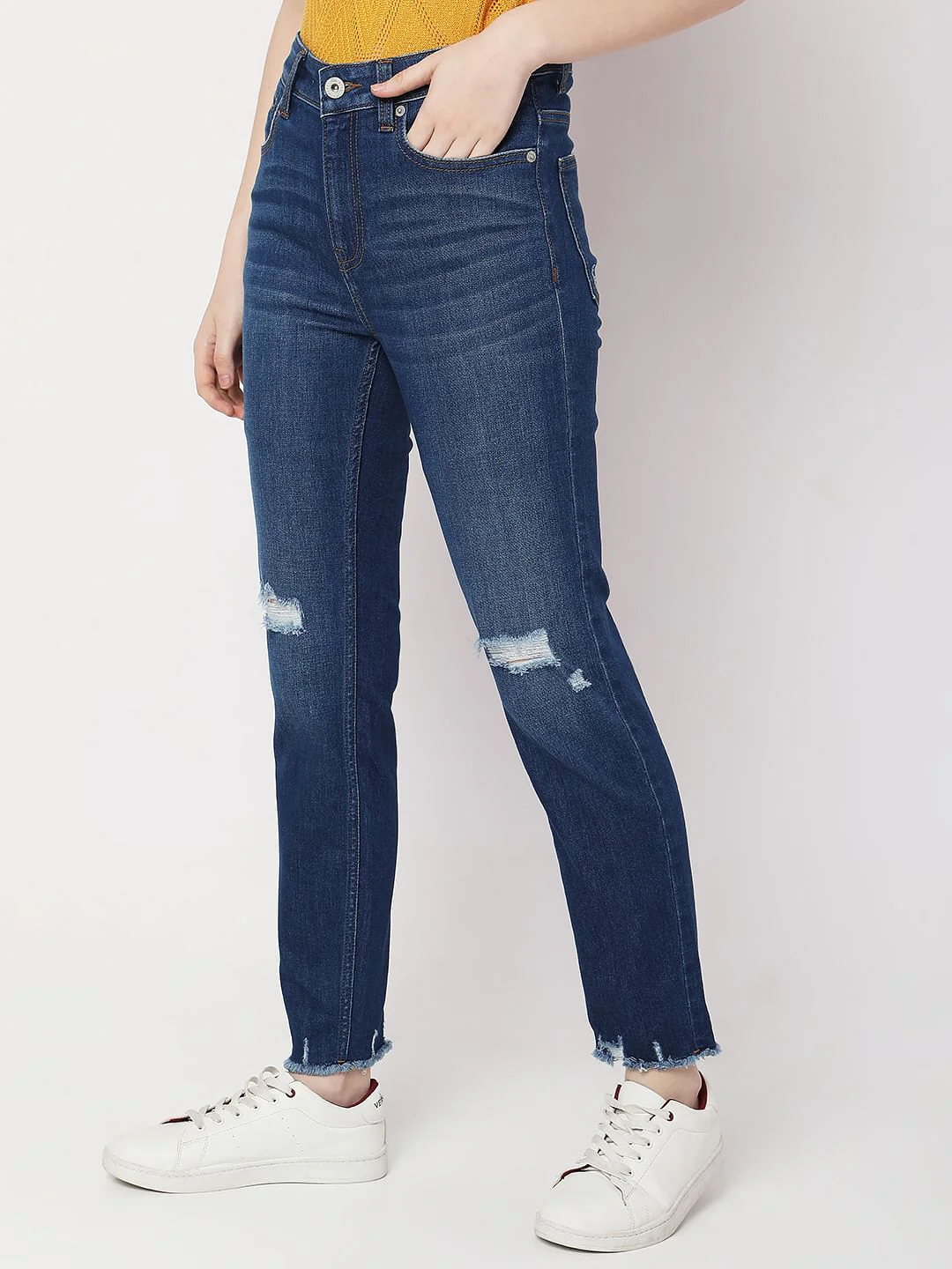 Blue High Rise Distressed Jade Straight Fit Jeans - Image 3