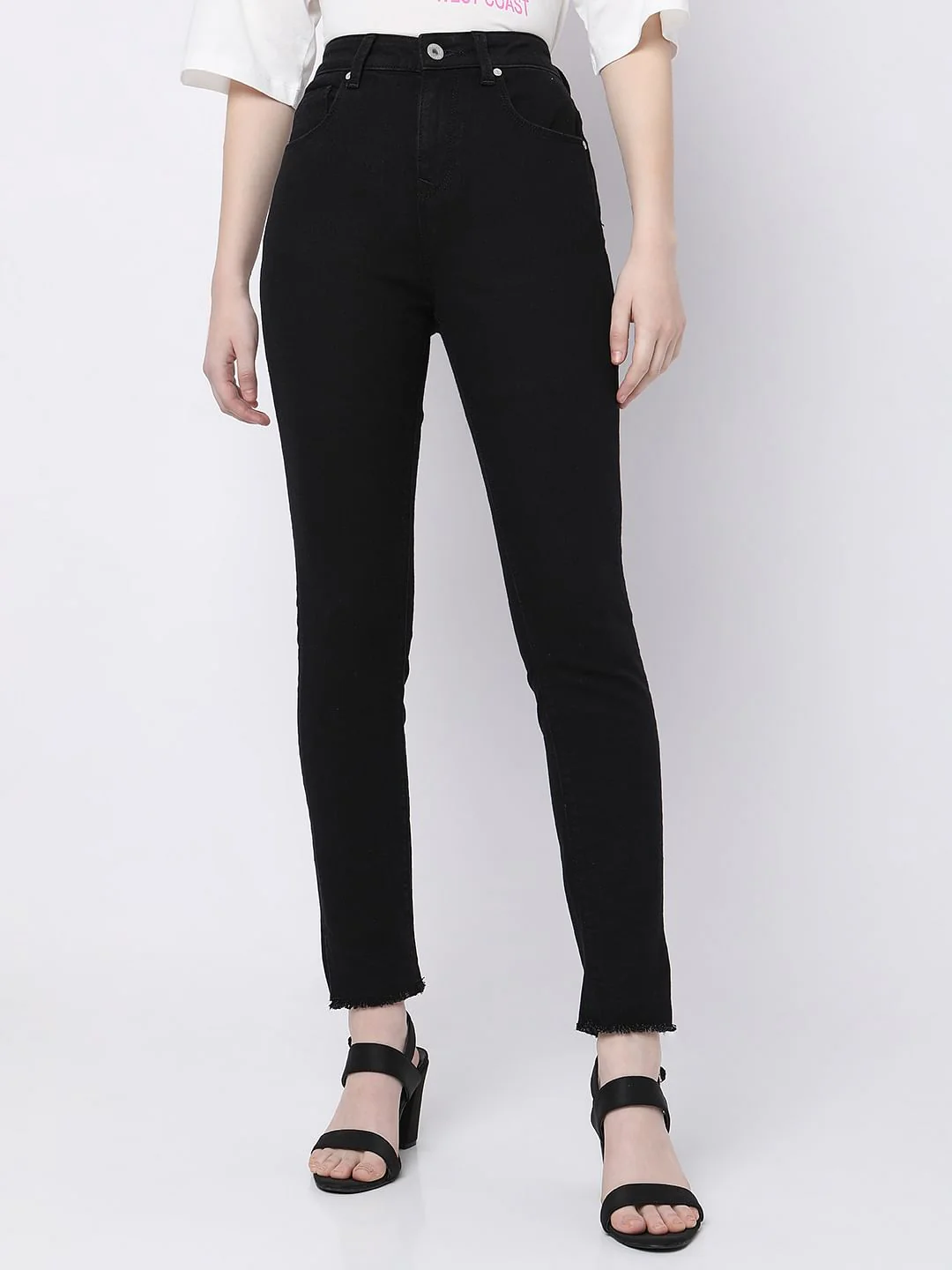 Black High Rise Frayed Hem Regular Fit Jeans - Image 2