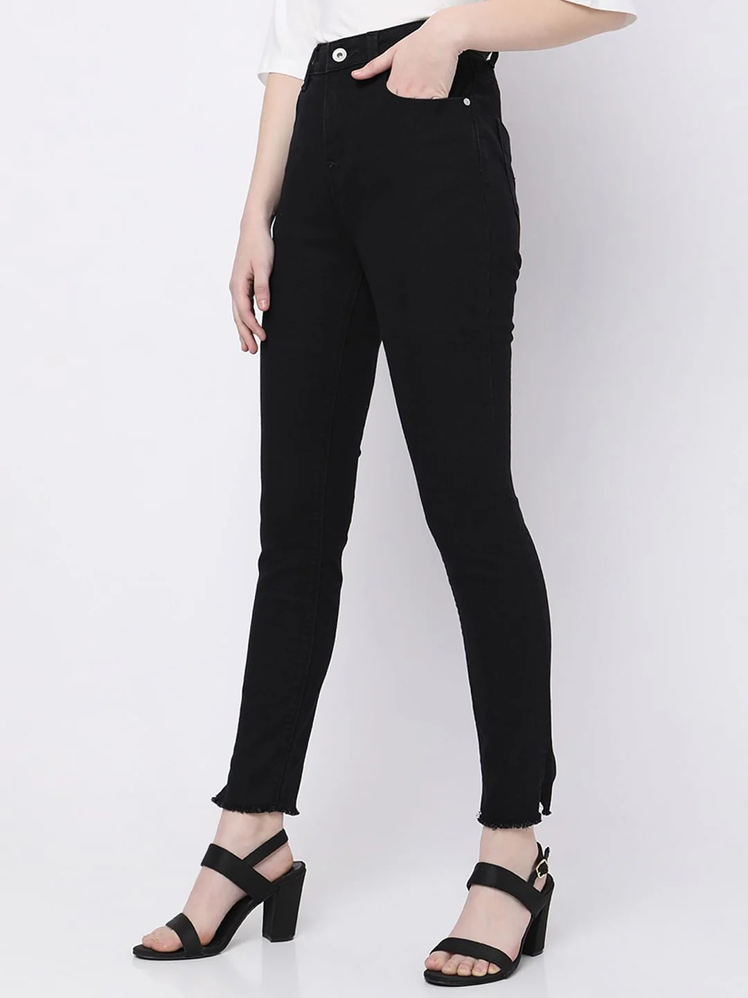 Black High Rise Frayed Hem Regular Fit Jeans - Image 3