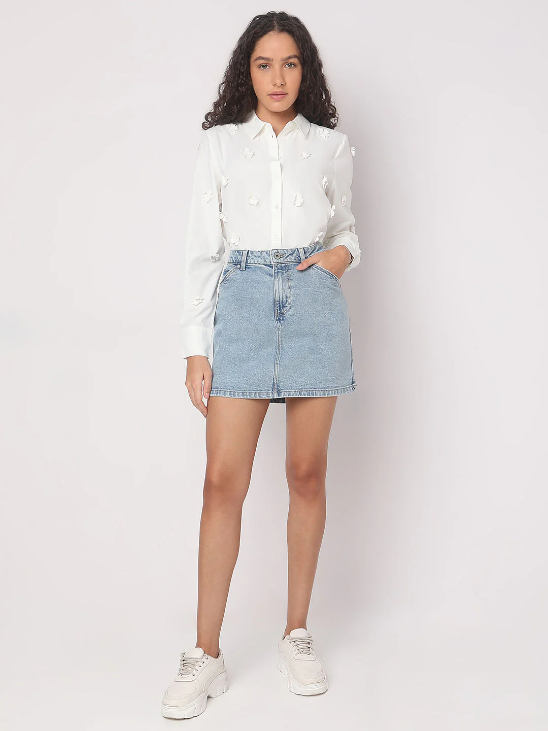 Light Blue Mid Rise Denim Skirt - Image 5