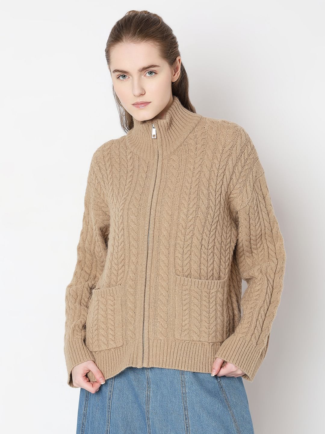 Brown High-Neck Zip Cardigan - Image 2