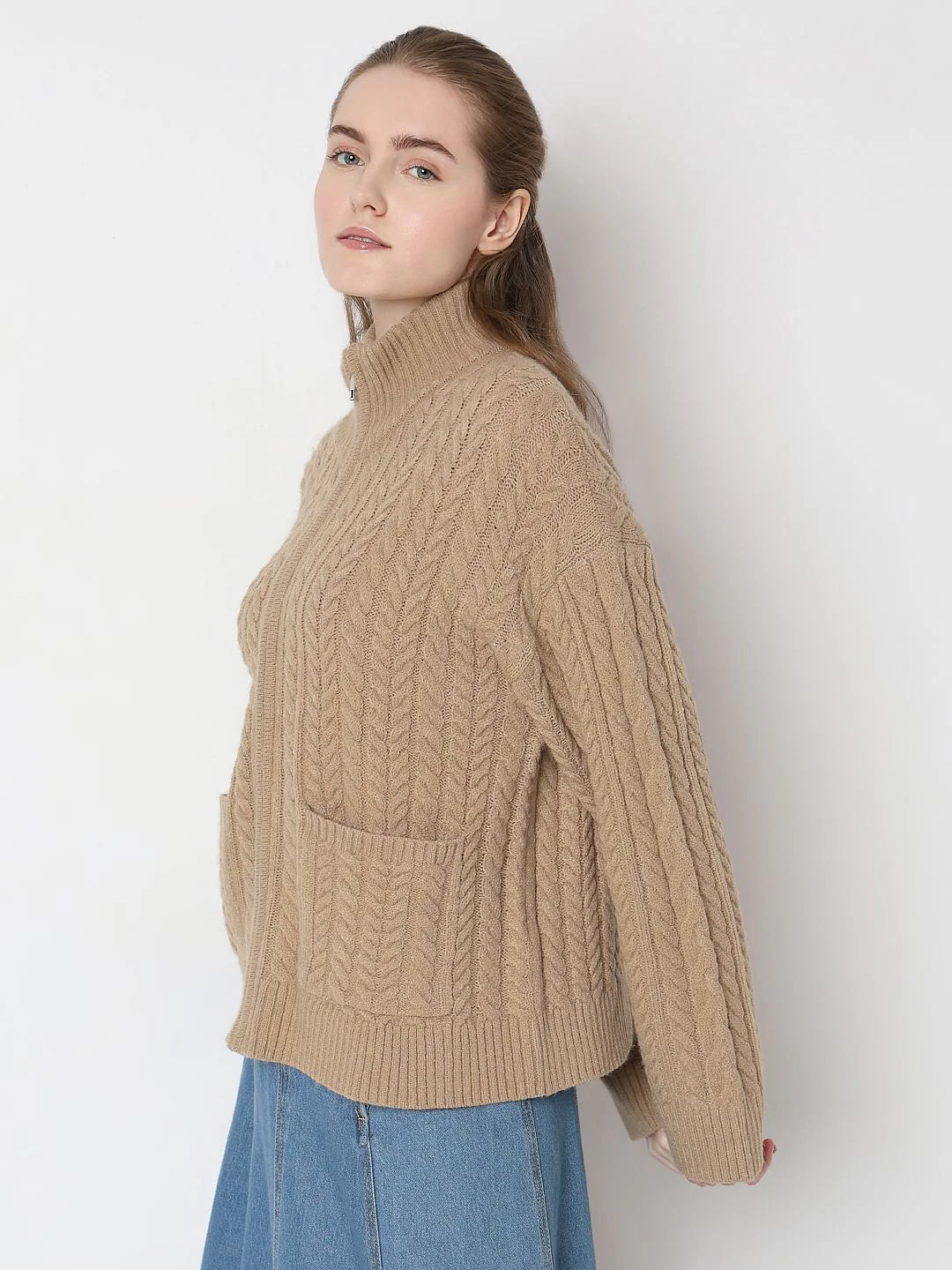 Brown High-Neck Zip Cardigan - Image 3