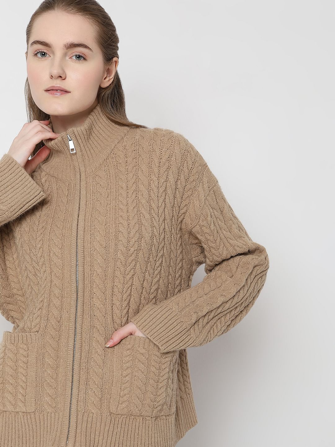 Brown High-Neck Zip Cardigan - Image 6