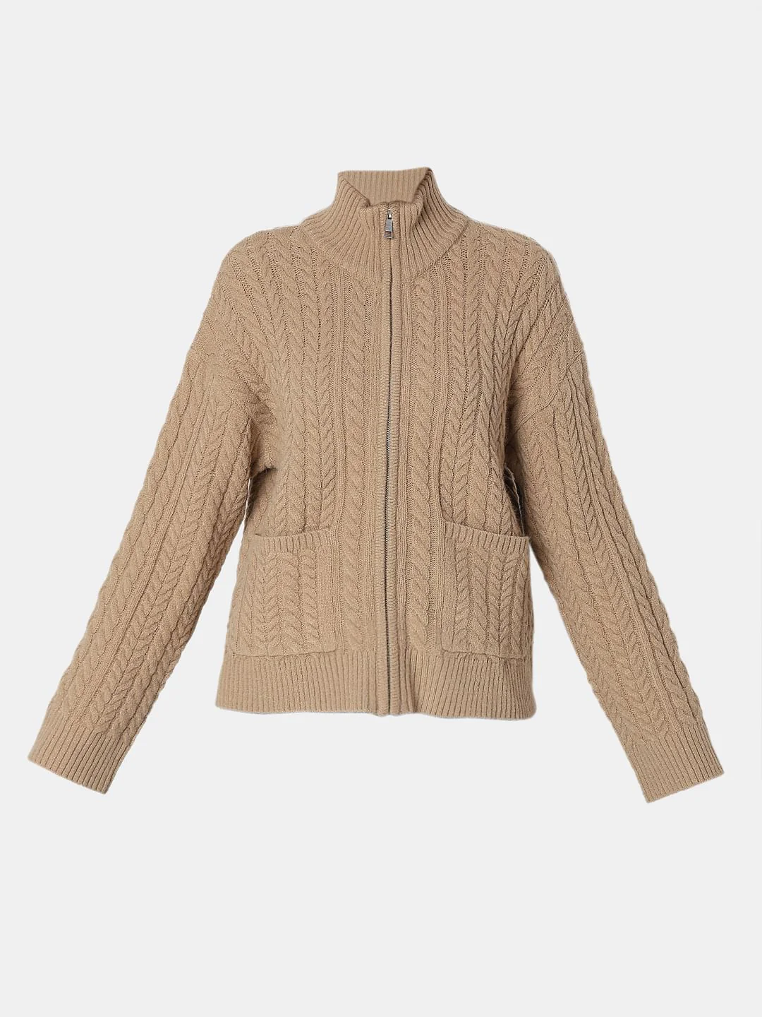 Brown High-Neck Zip Cardigan - Image 7