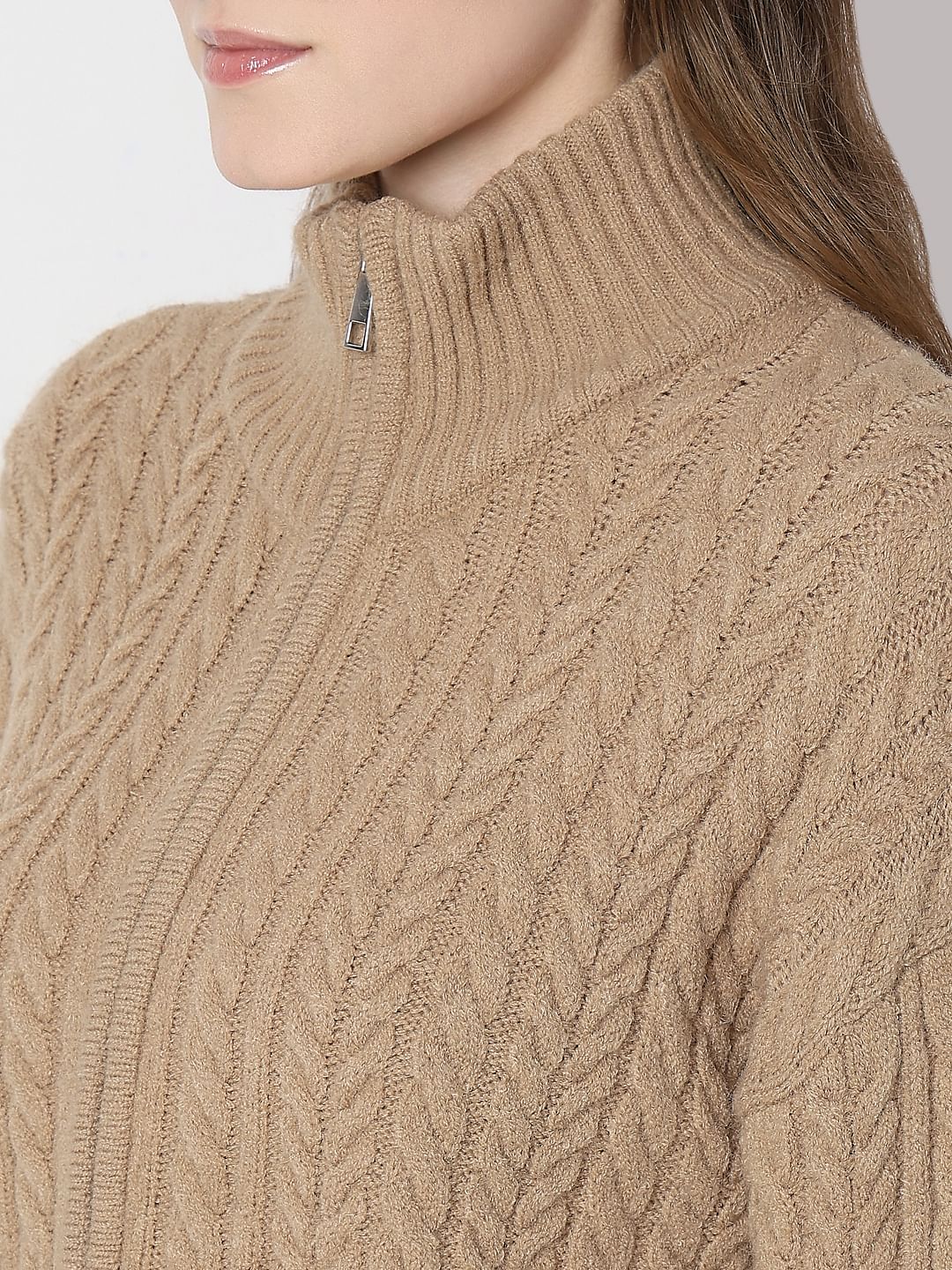 Brown High-Neck Zip Cardigan - Image 8