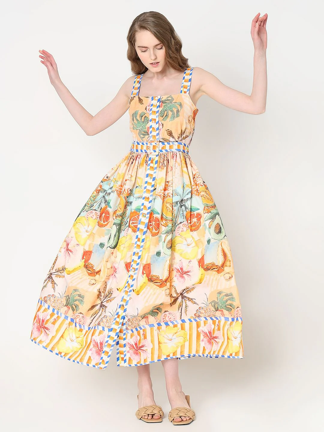 Yellow Tropical Print Midi Dress - Image 2