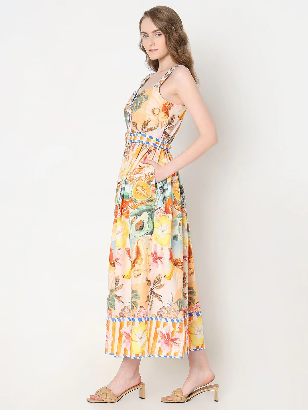 Yellow Tropical Print Midi Dress - Image 3