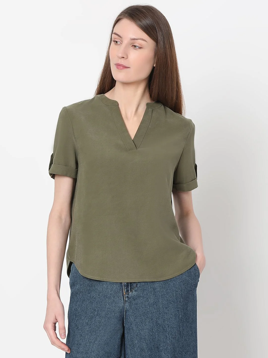 Olive Green V-Neck Top - Image 2