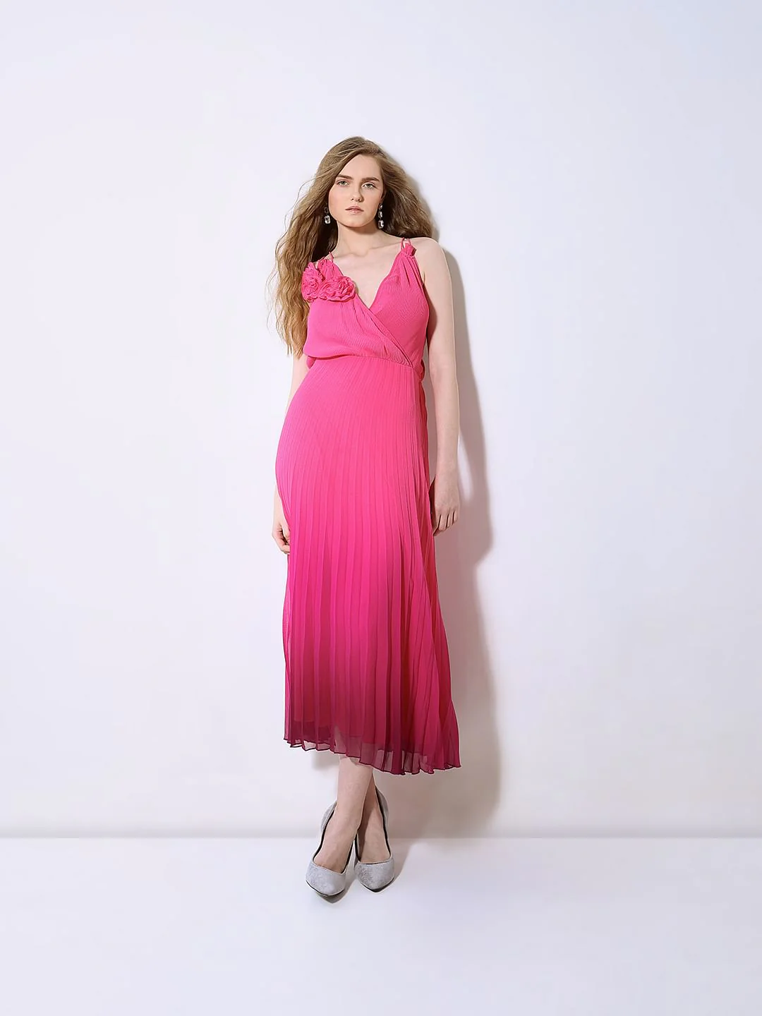 Marquee Pink Ombre Pleated Midi Dress