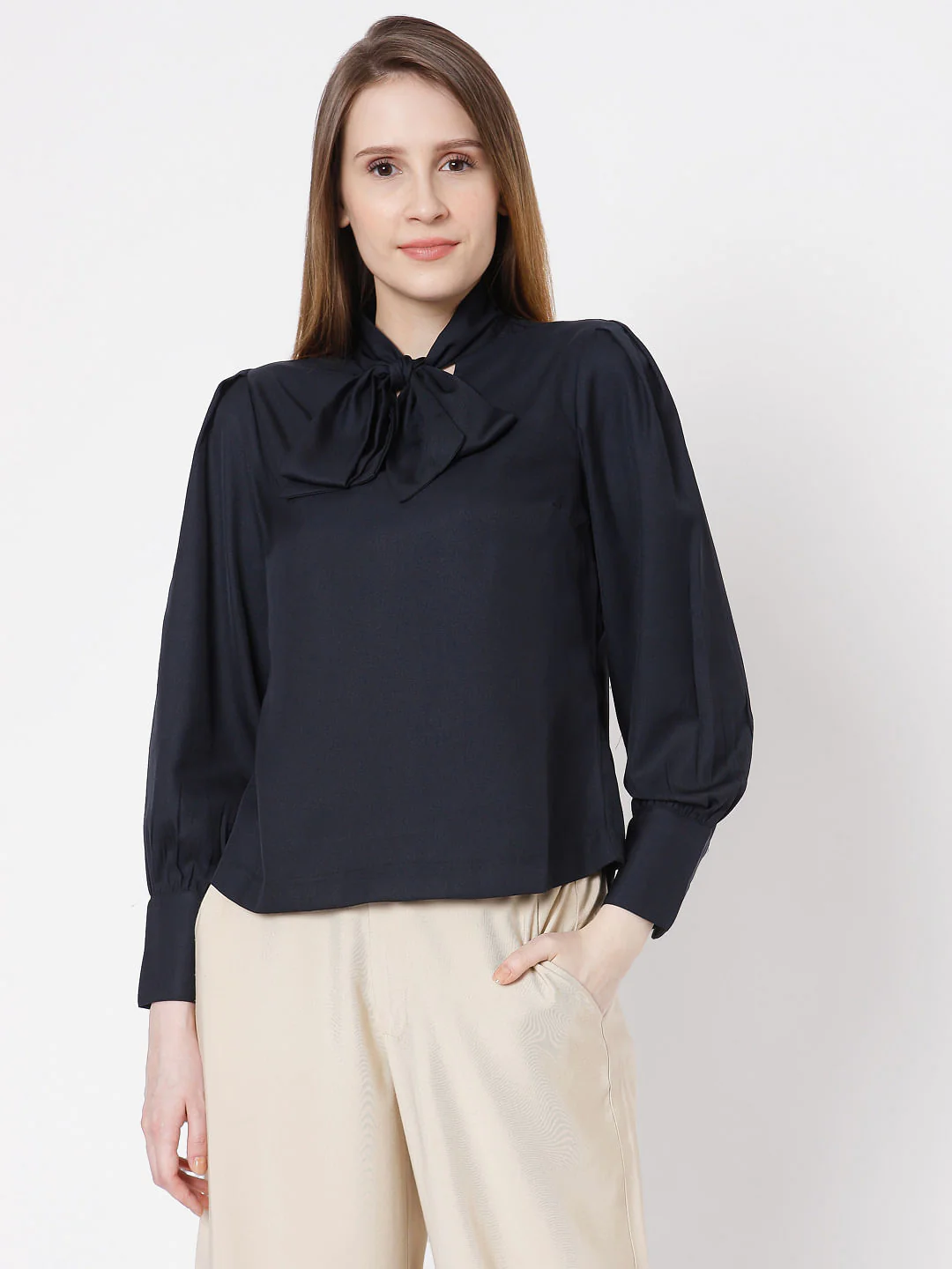 Blue Tie-Up Neck Top - Image 2