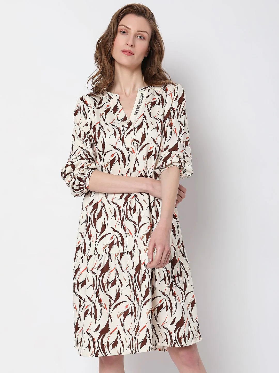 White Abstract Print Tiered Dress - Image 2