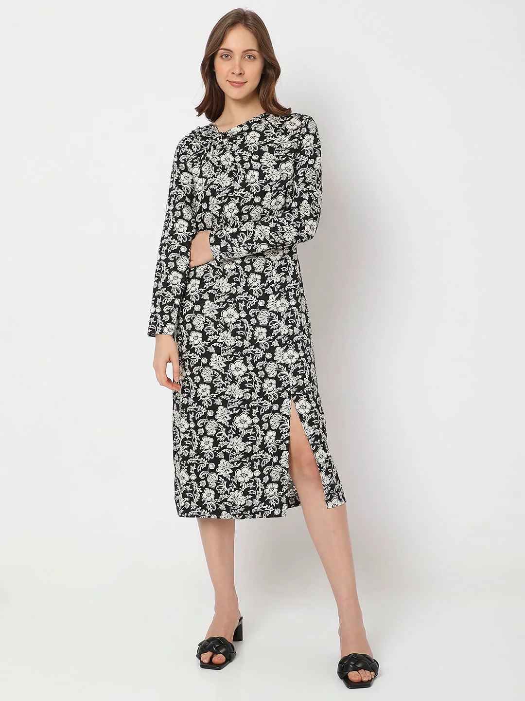 Black Floral Print Midi Dress - Image 2