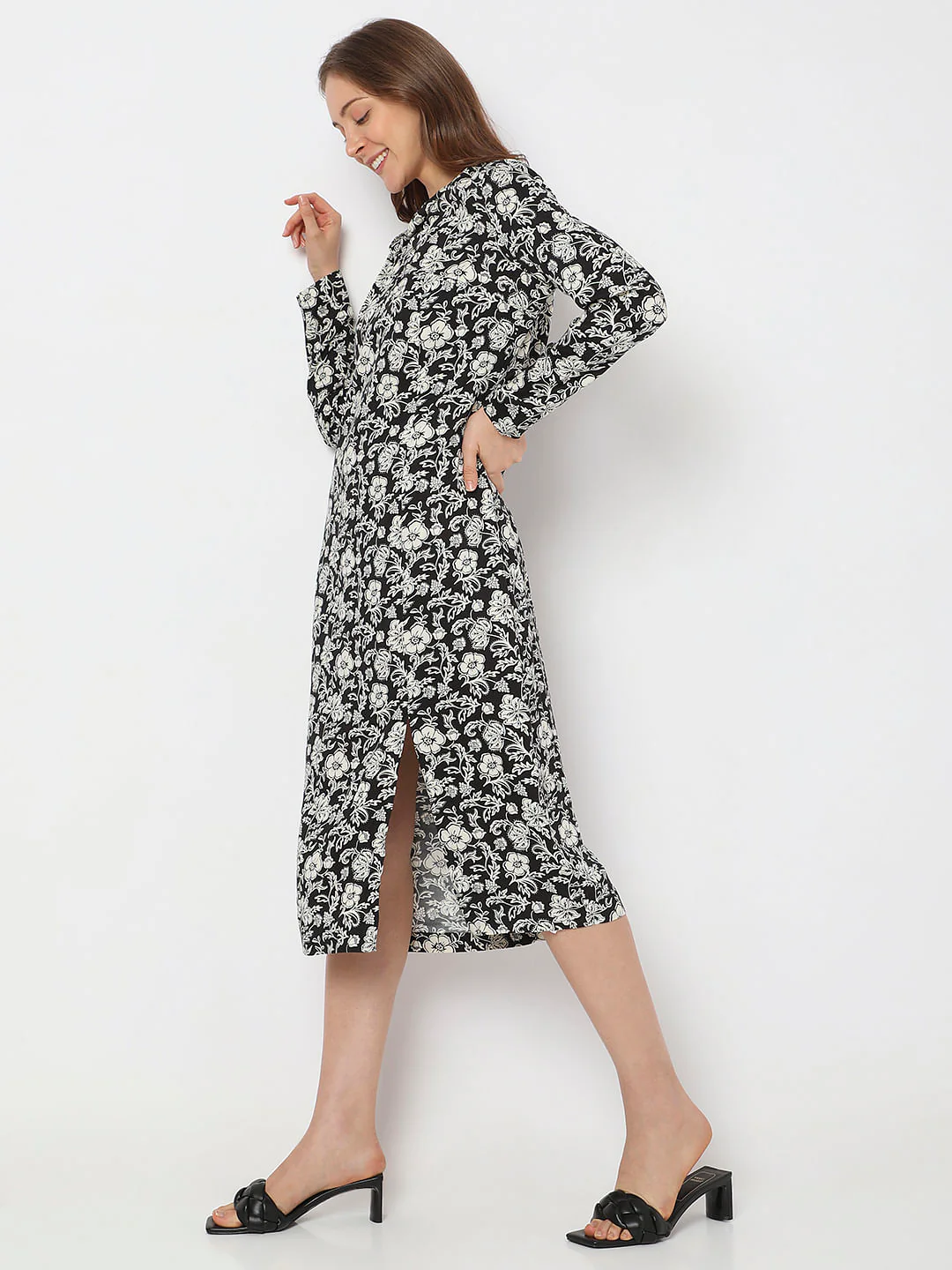 Black Floral Print Midi Dress - Image 3