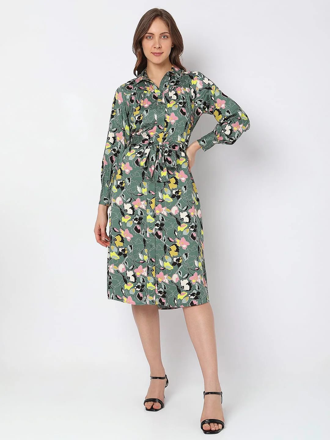 Green Printed Midi Shirt Dress - Image 2