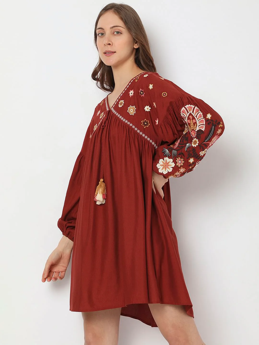Maroon Embroidered Mini Dress - Image 3