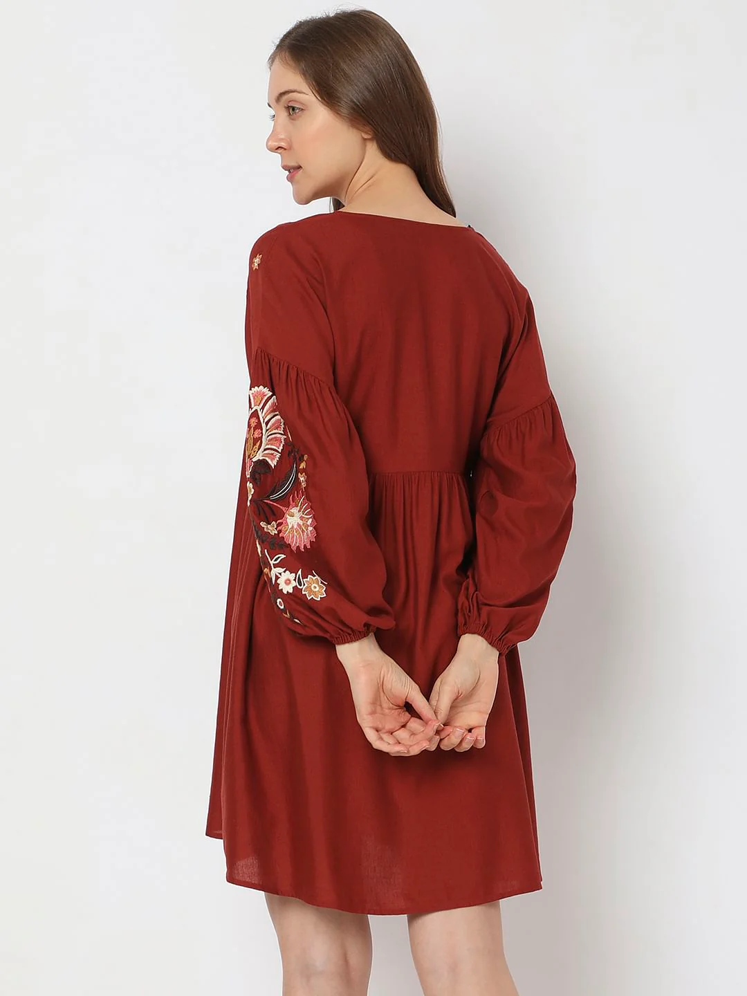 Maroon Embroidered Mini Dress - Image 4